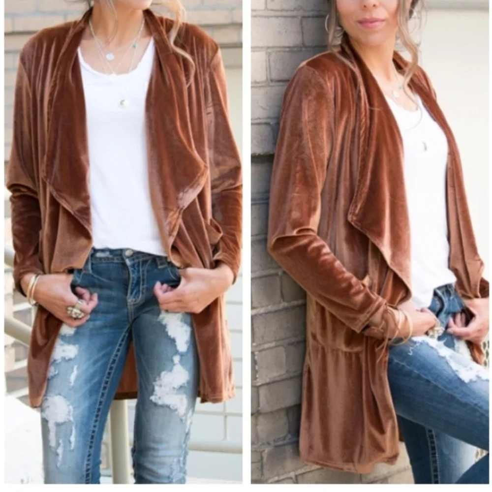 HIPSTER ROW size XL Draping Open Front Velour Cardigan Front Patch Pockets Brown